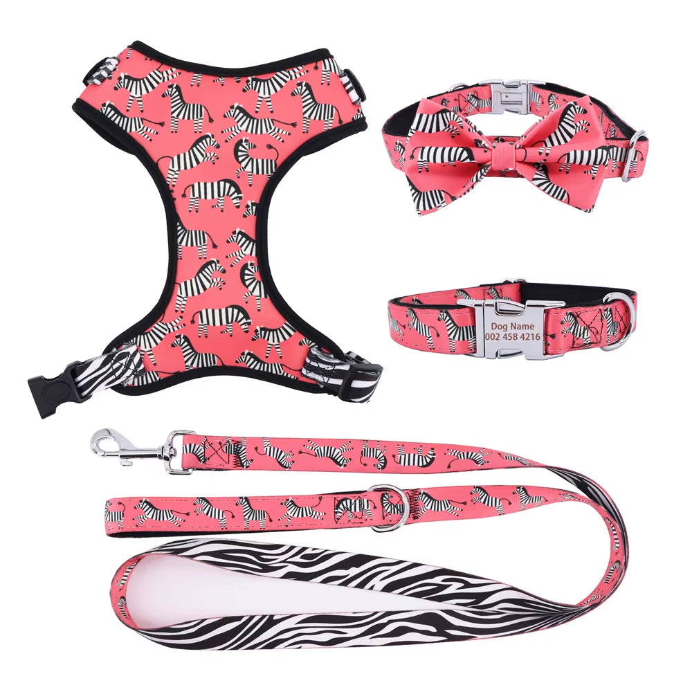 Pink Zebra Dog Collar Bowtie with Leash,Matching Harness for Big, Small Dog with Rose Gold Metal Buckle