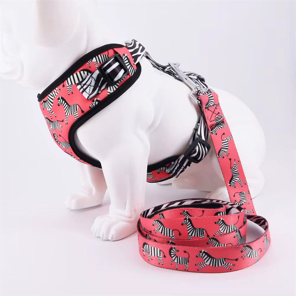 Pink Zebra Dog Collar Bowtie with Leash,Matching Harness for Big, Small Dog with Rose Gold Metal Buckle