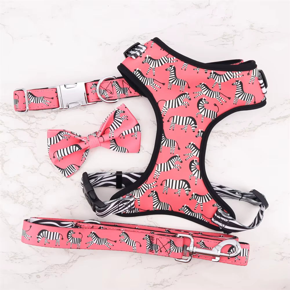 Pink Zebra Dog Collar Bowtie with Leash,Matching Harness for Big, Small Dog with Rose Gold Metal Buckle