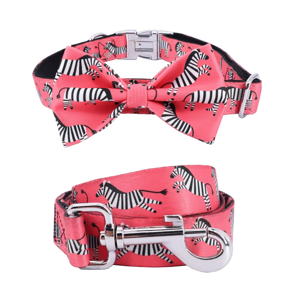 Pink Zebra Dog Collar Bowtie with Leash,Matching Harness for Big, Small Dog with Rose Gold Metal Buckle